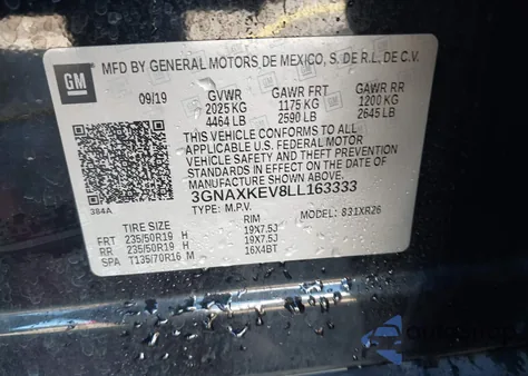 2020 Chevrolet Equinox Fwd Lt 1.5L Turbo из США, поврежденный, VIN 3GNAXKEV8LL163333